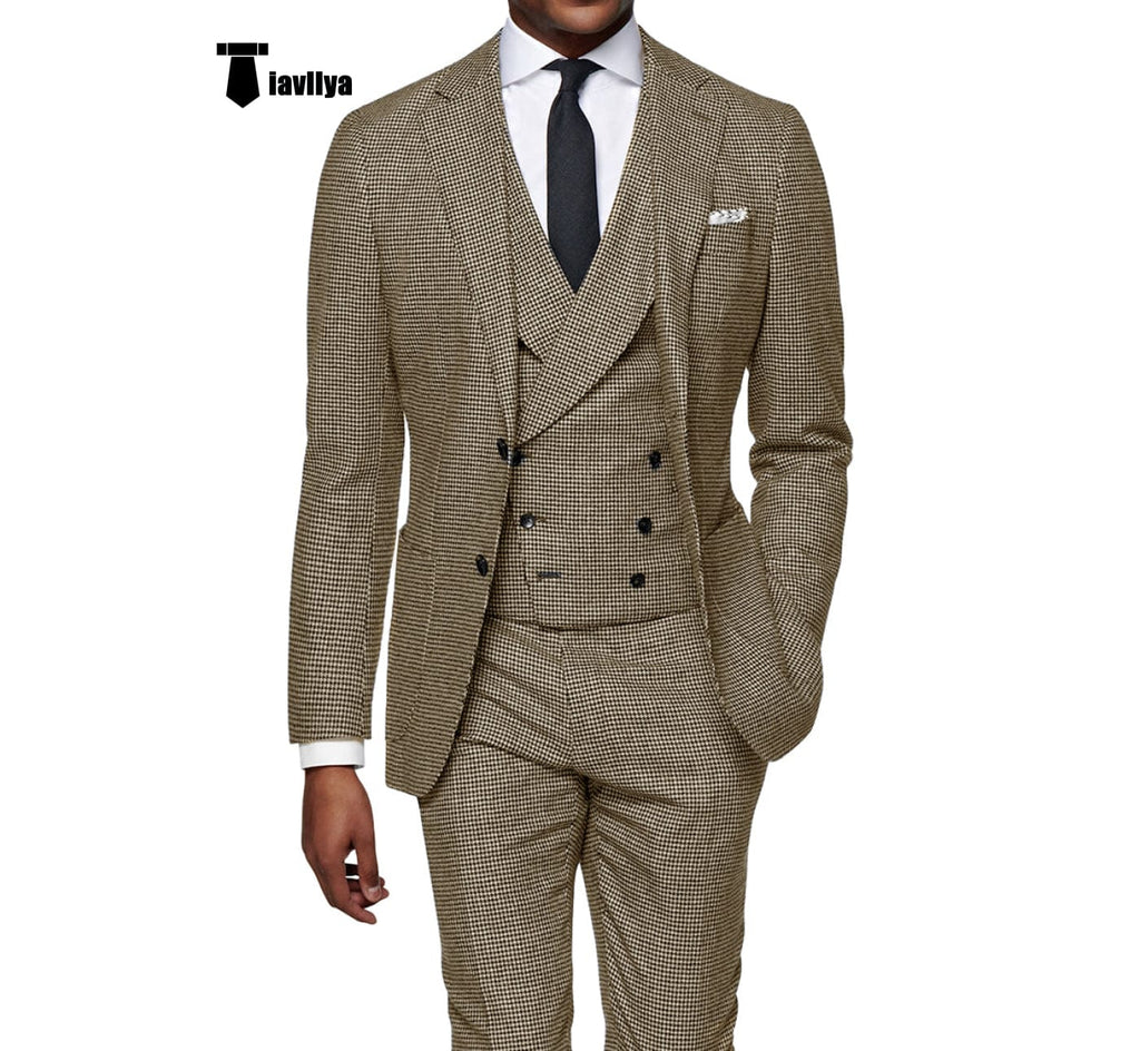 Tiavllya Tiavllya Casual Men's 3 Pieces Houndstooth Notch Lapel Tuxedos (Blazer+vest+Pants)