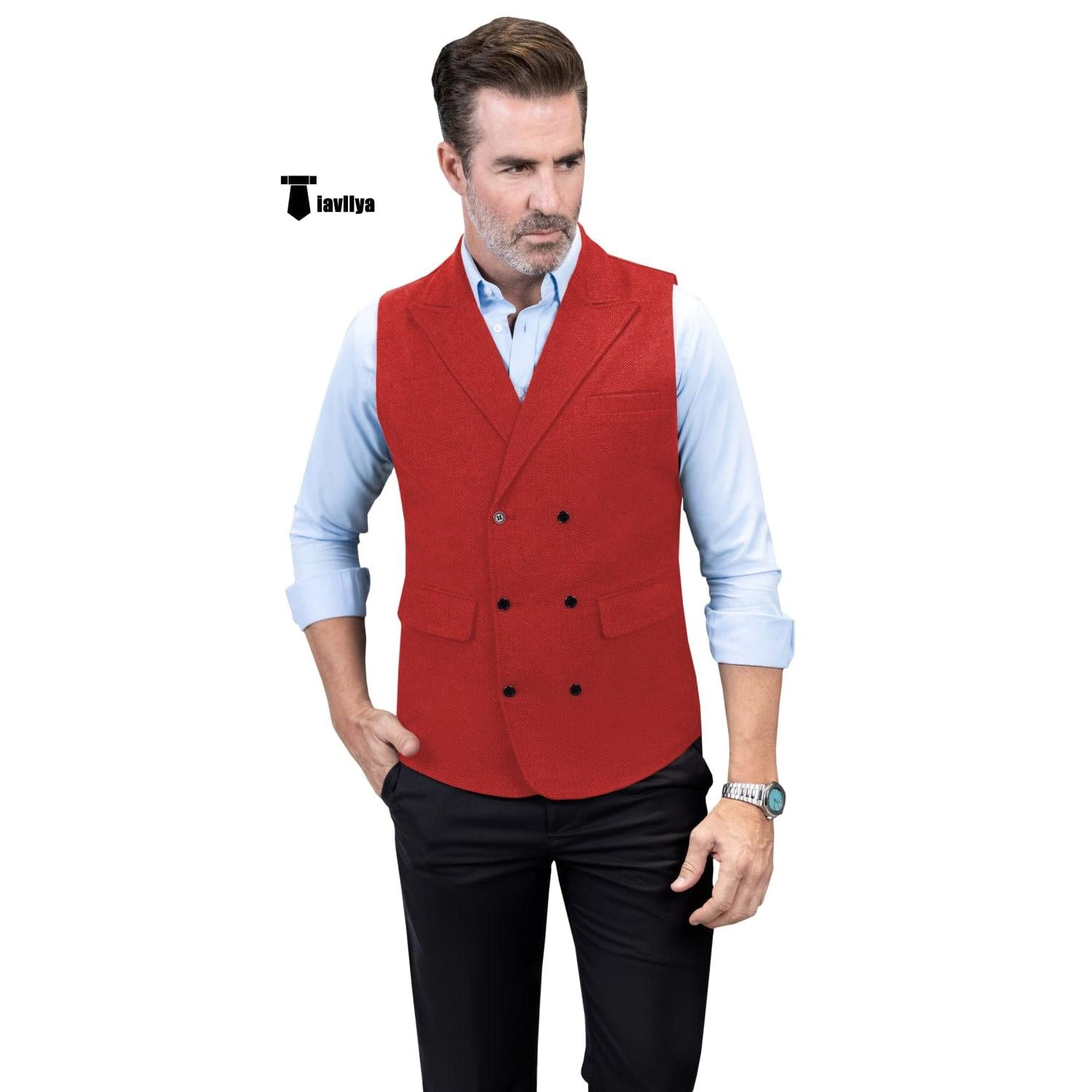 Tiavllya Casual Men's Classic Tweed Herringbone Peak Lapel Waistcoat