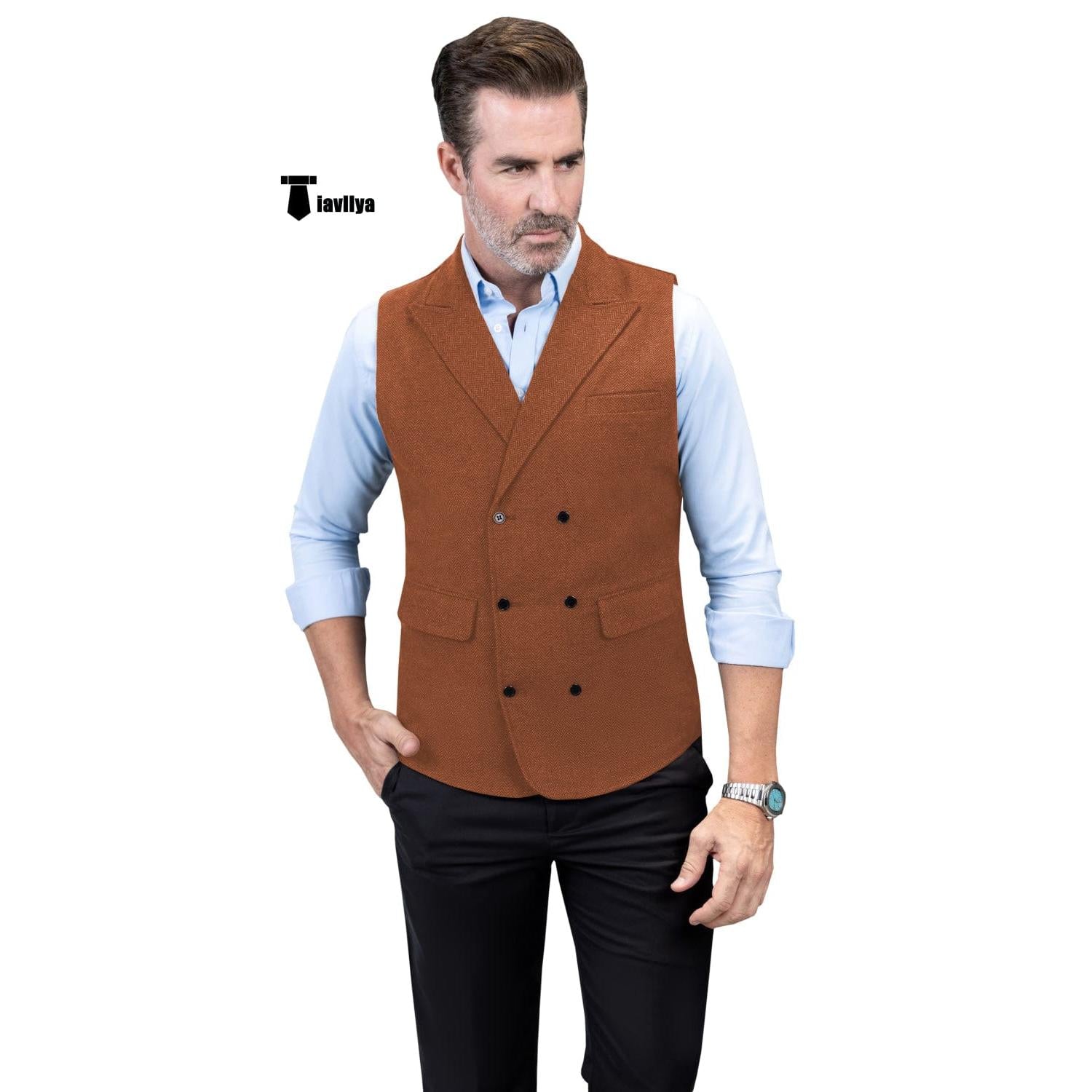 Tiavllya Casual Men's Classic Tweed Herringbone Peak Lapel Waistcoat