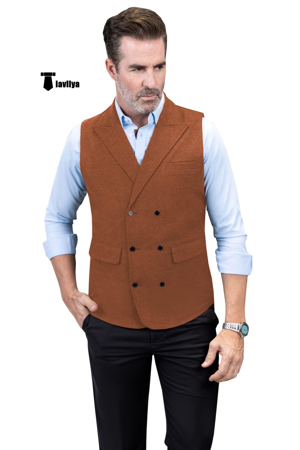 Tiavllya Tiavllya Casual Men's Classic Tweed Herringbone Peak Lapel Waistcoat