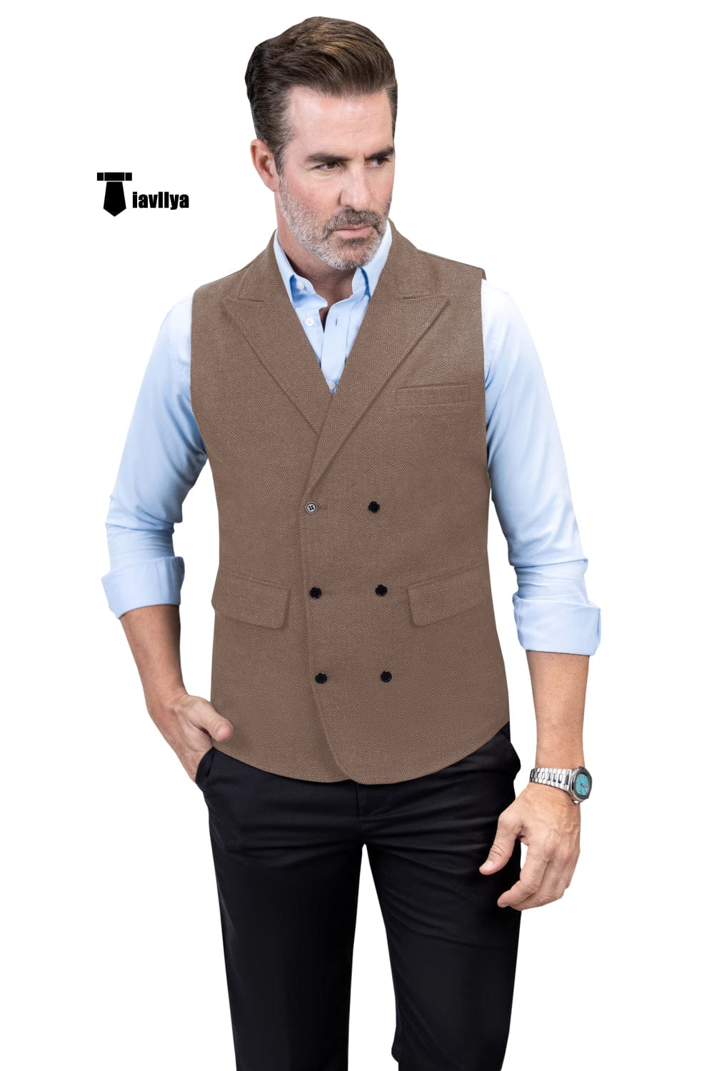 Tiavllya Tiavllya Casual Men's Classic Tweed Herringbone Peak Lapel Waistcoat