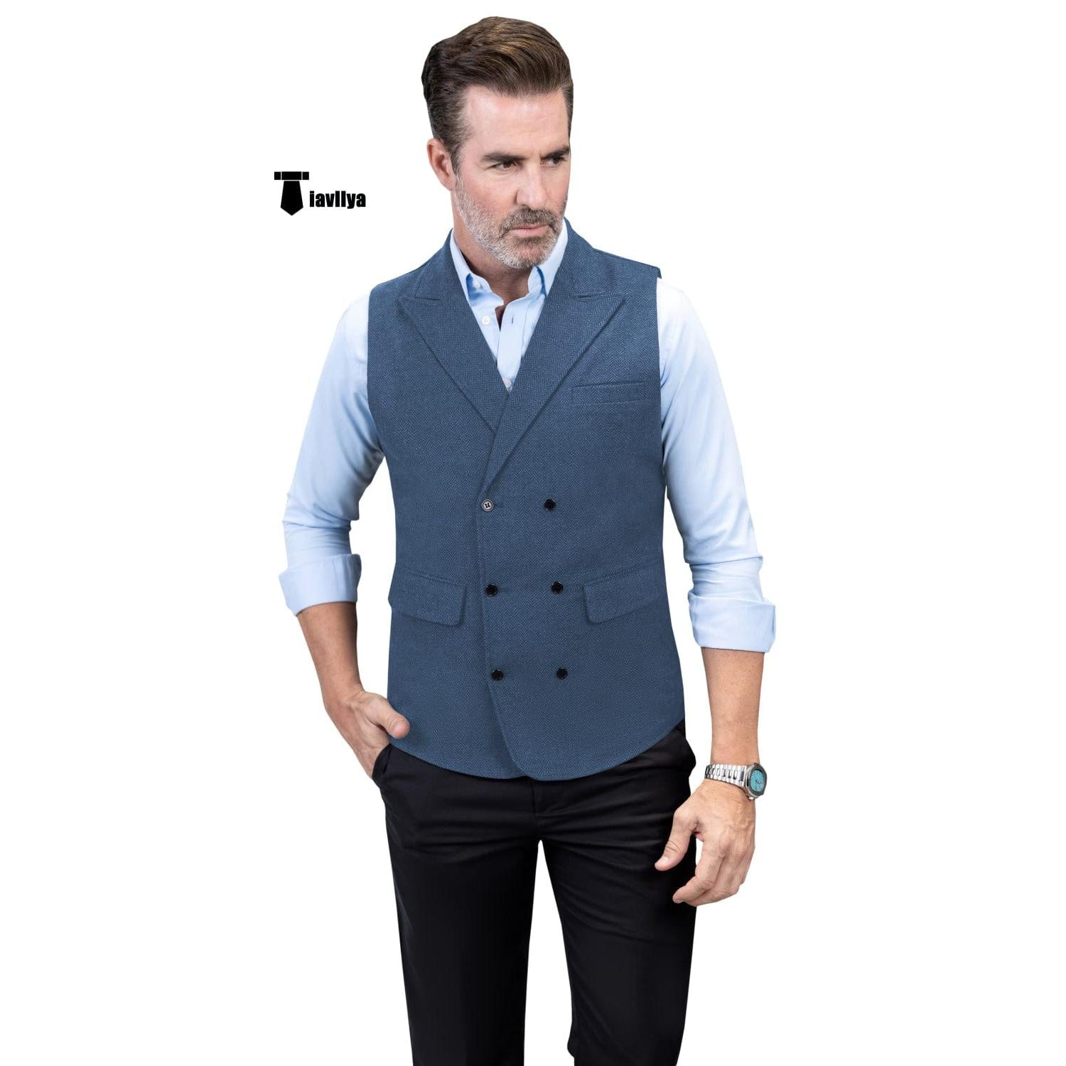 Tiavllya Casual Men's Classic Tweed Herringbone Peak Lapel Waistcoat