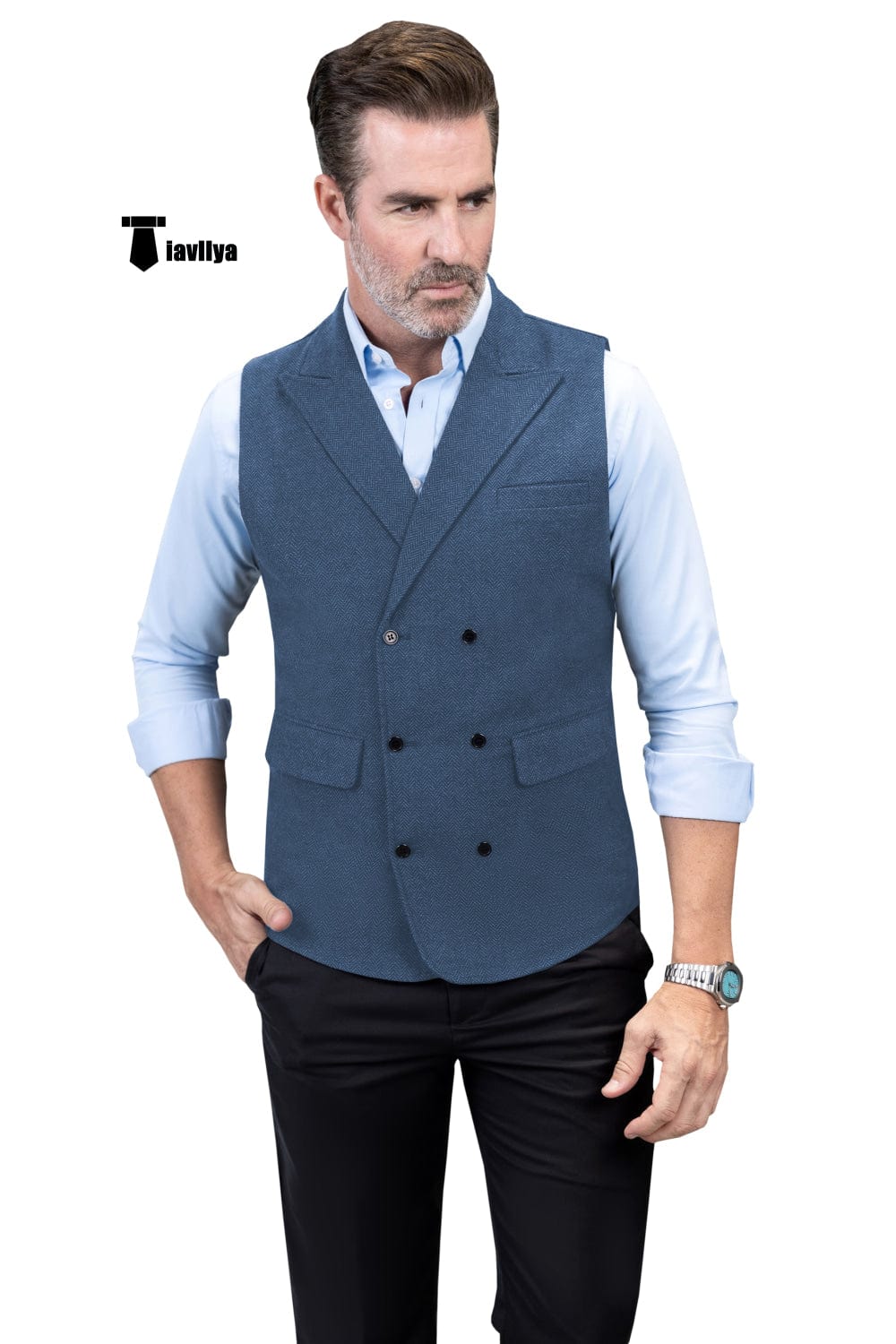 Tiavllya Tiavllya Casual Men's Classic Tweed Herringbone Peak Lapel Waistcoat