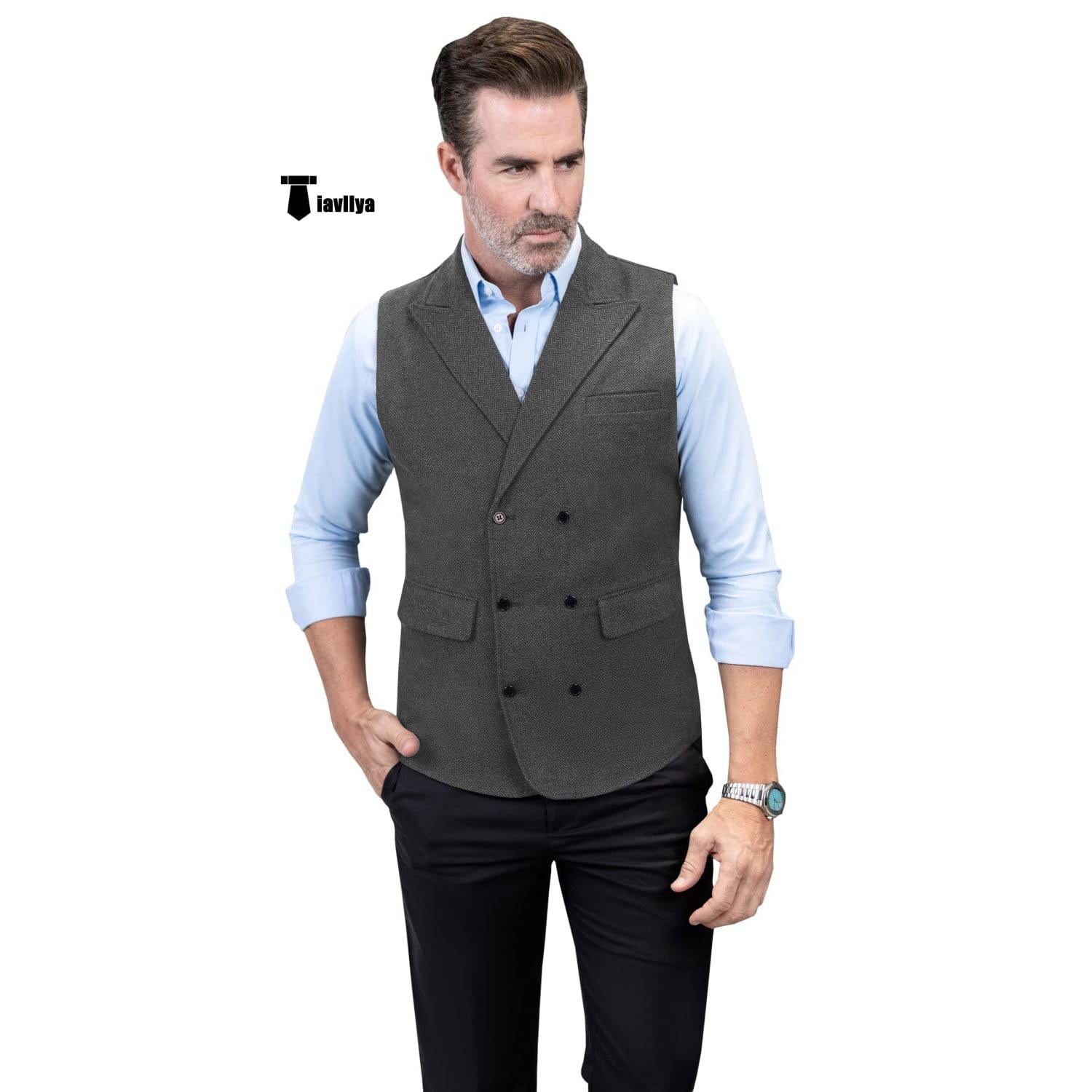 Tiavllya Casual Men's Classic Tweed Herringbone Peak Lapel Waistcoat