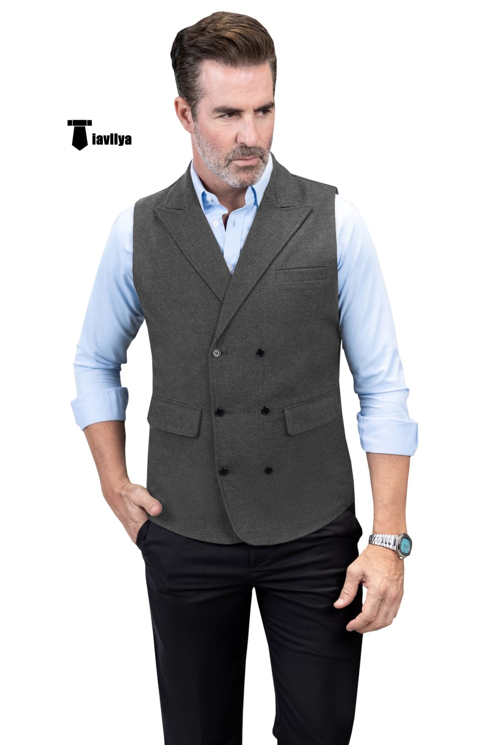 Tiavllya Tiavllya Casual Men's Classic Tweed Herringbone Peak Lapel Waistcoat