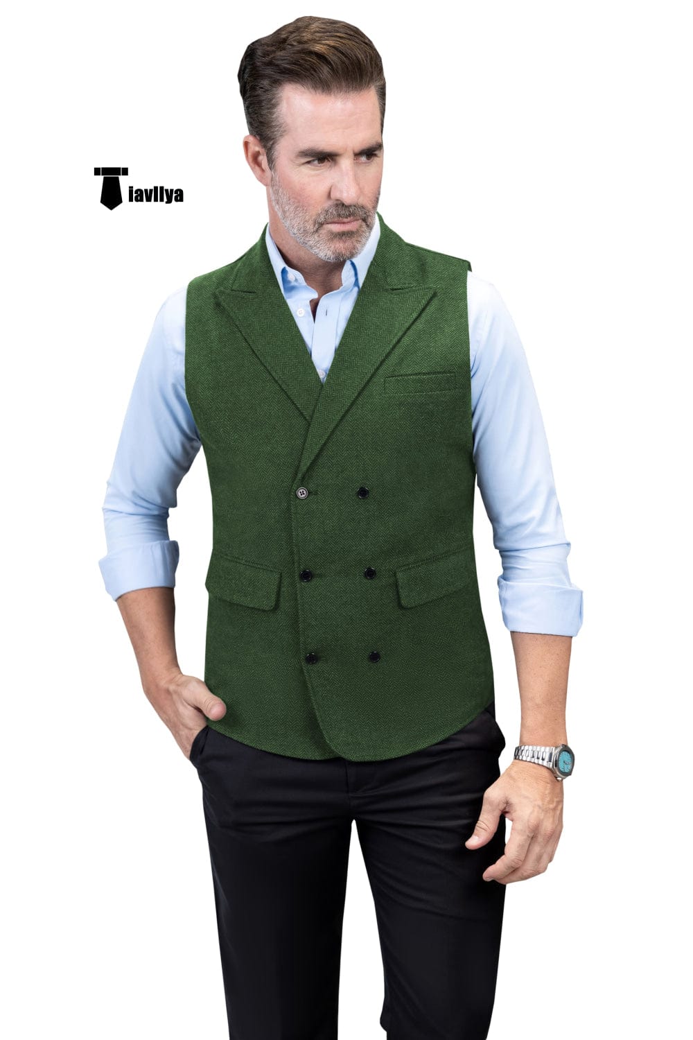 Tiavllya Tiavllya Casual Men's Classic Tweed Herringbone Peak Lapel Waistcoat