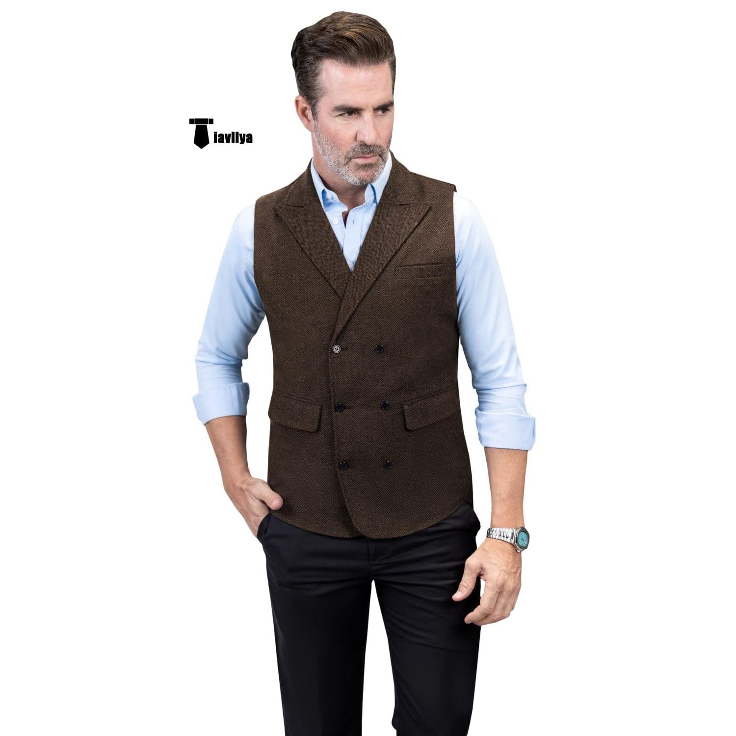 Tiavllya Casual Men's Classic Tweed Herringbone Peak Lapel Waistcoat