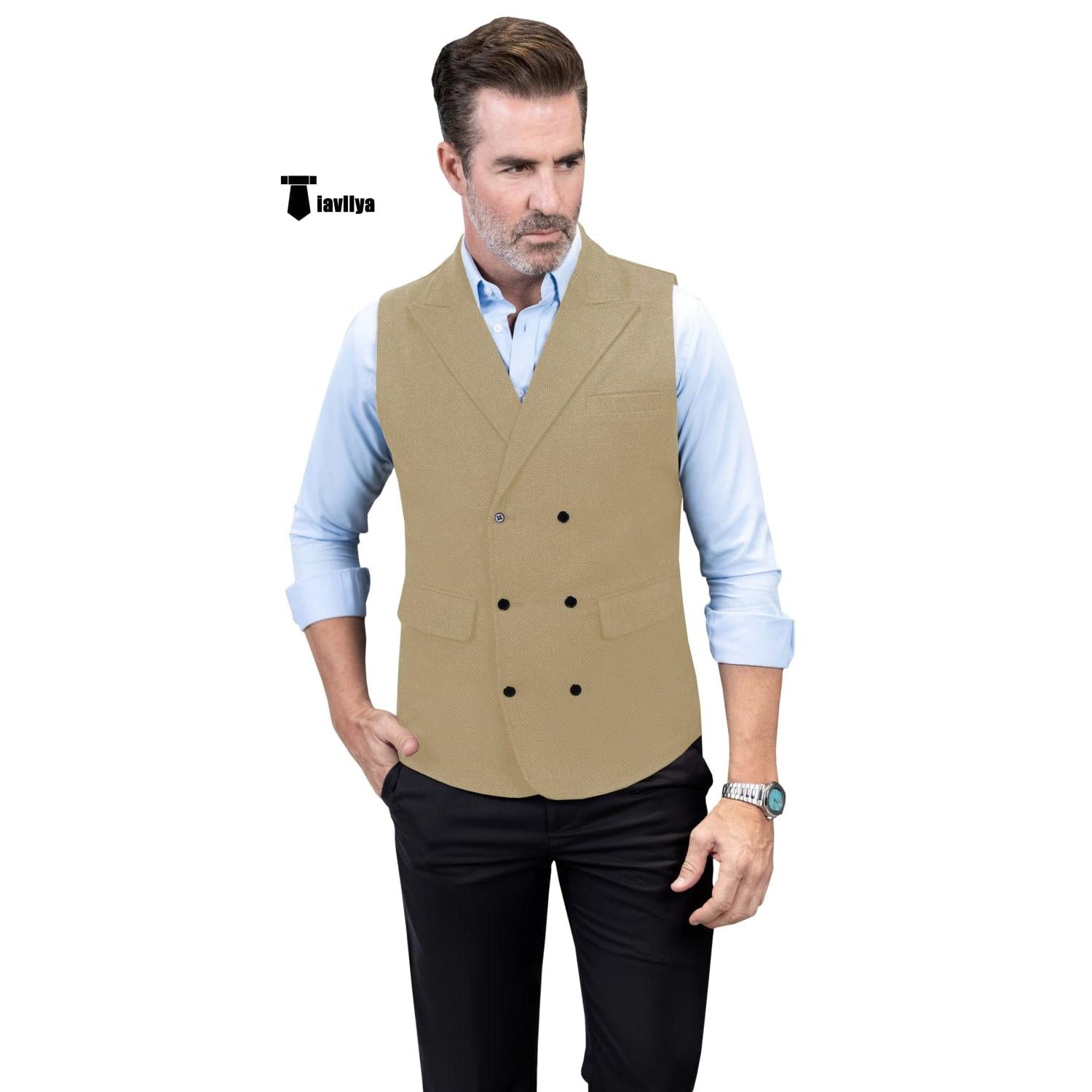 Tiavllya Casual Men's Classic Tweed Herringbone Peak Lapel Waistcoat