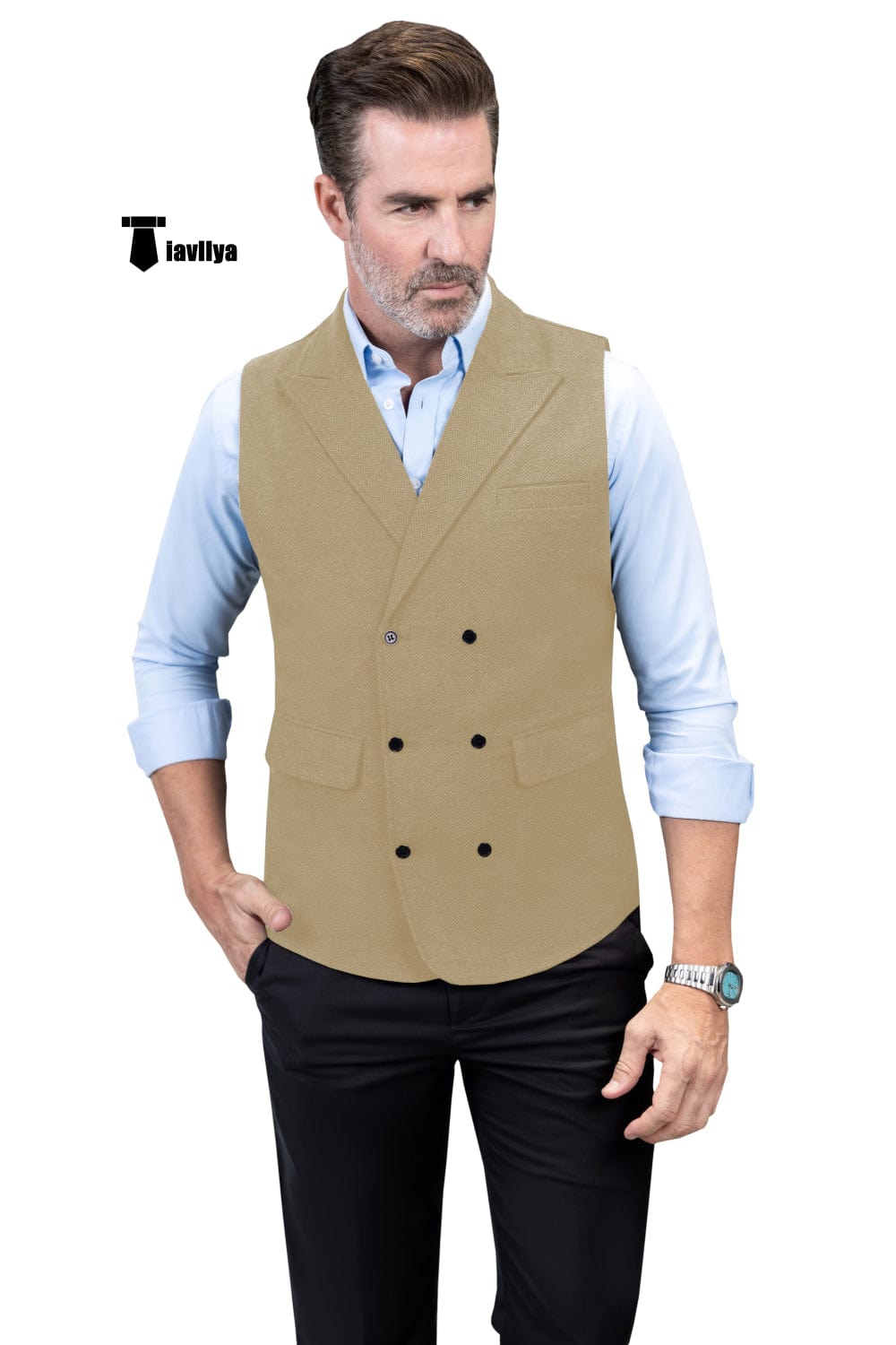 Tiavllya Tiavllya Casual Men's Classic Tweed Herringbone Peak Lapel Waistcoat