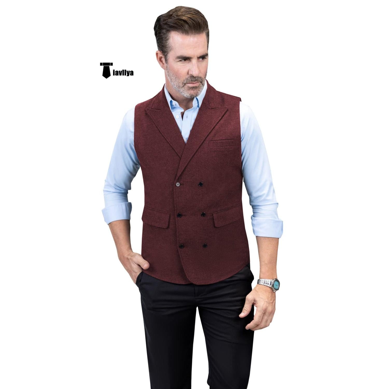 Tiavllya Casual Men's Classic Tweed Herringbone Peak Lapel Waistcoat