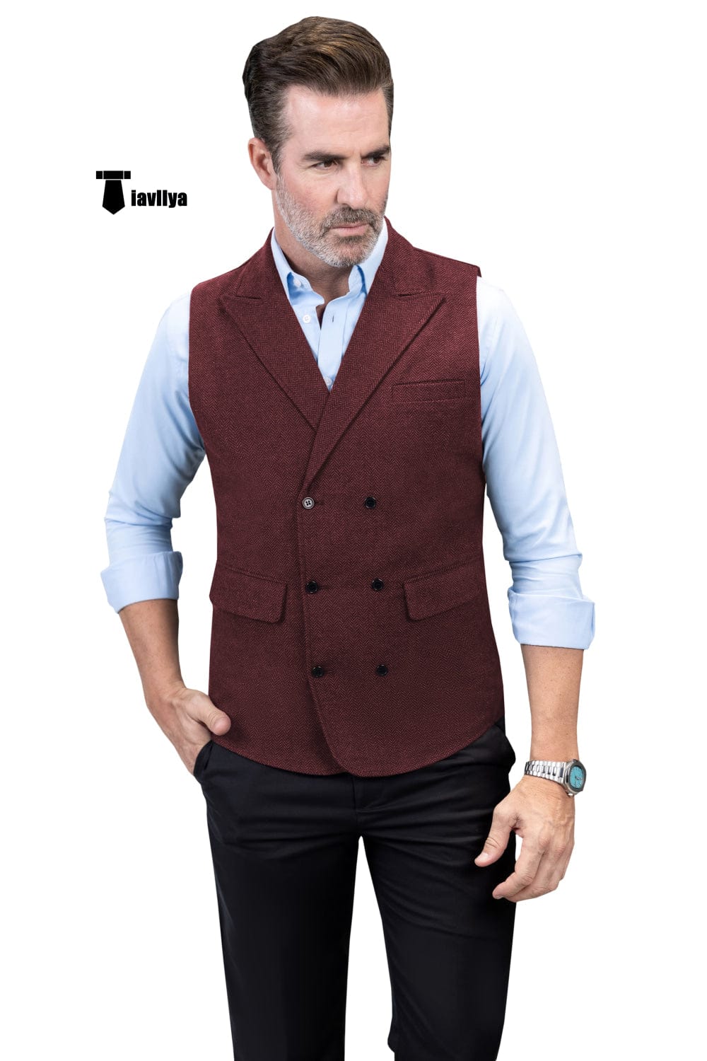 Tiavllya Tiavllya Casual Men's Classic Tweed Herringbone Peak Lapel Waistcoat