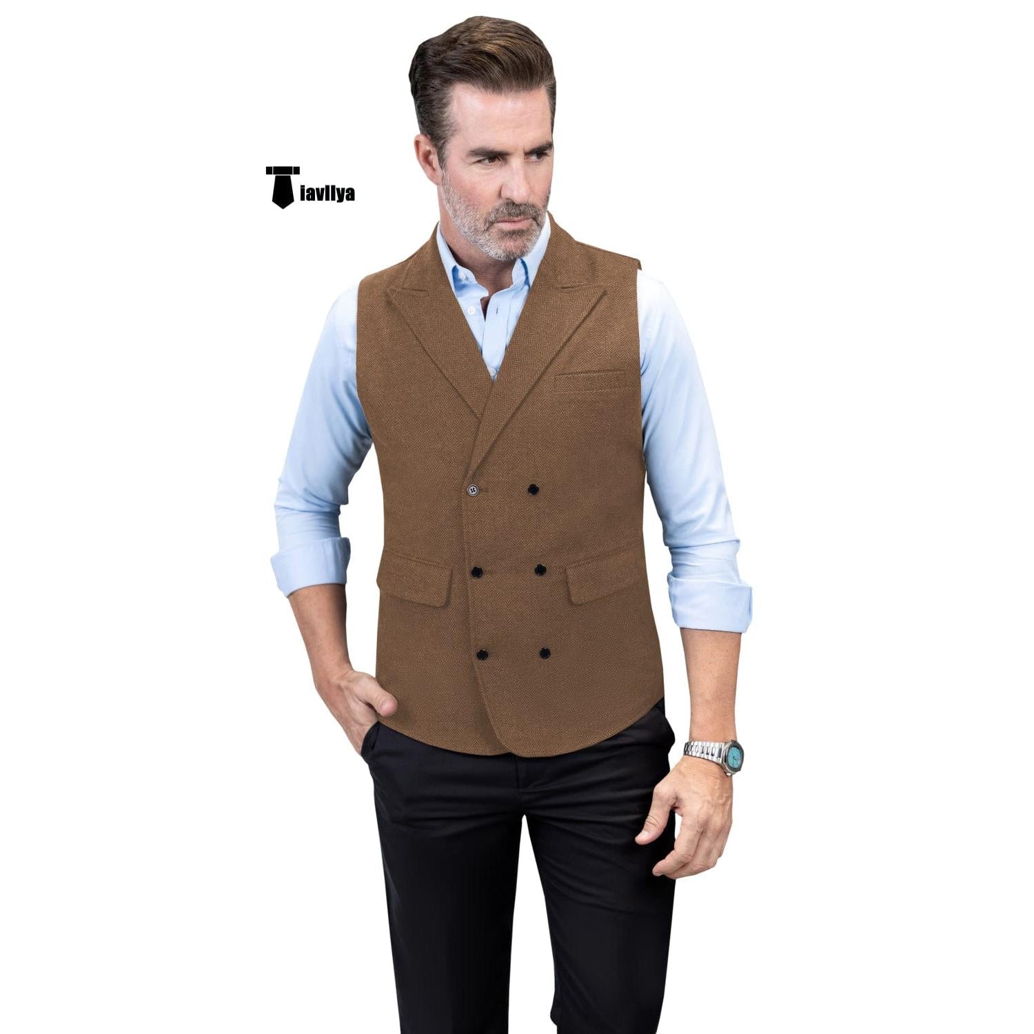 Tiavllya Casual Men's Classic Tweed Herringbone Peak Lapel Waistcoat
