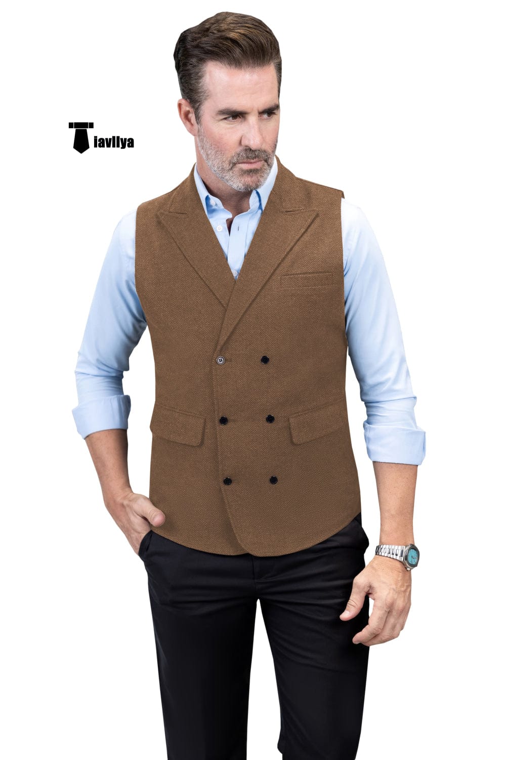 Tiavllya Tiavllya Casual Men's Classic Tweed Herringbone Peak Lapel Waistcoat