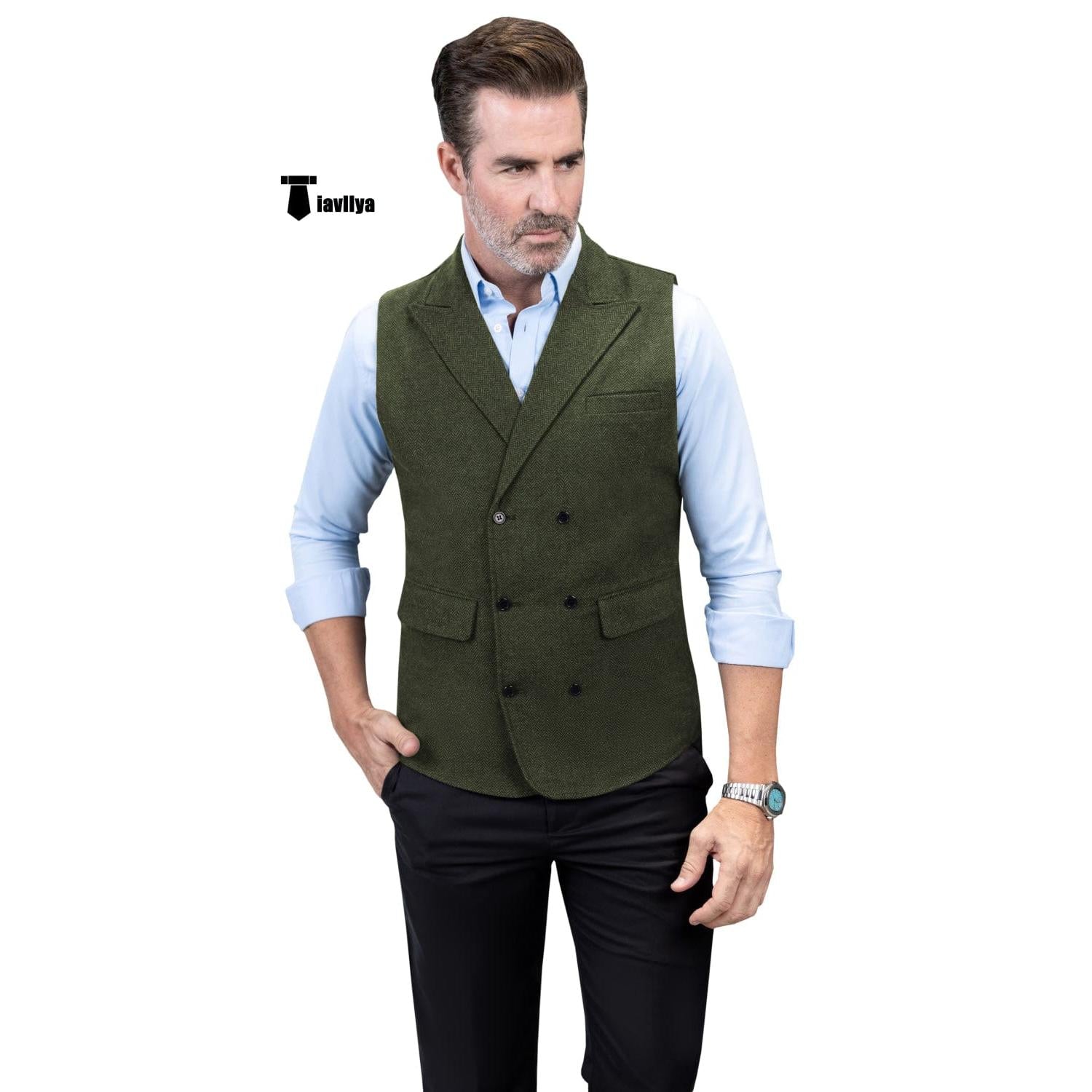 Tiavllya Casual Men's Classic Tweed Herringbone Peak Lapel Waistcoat