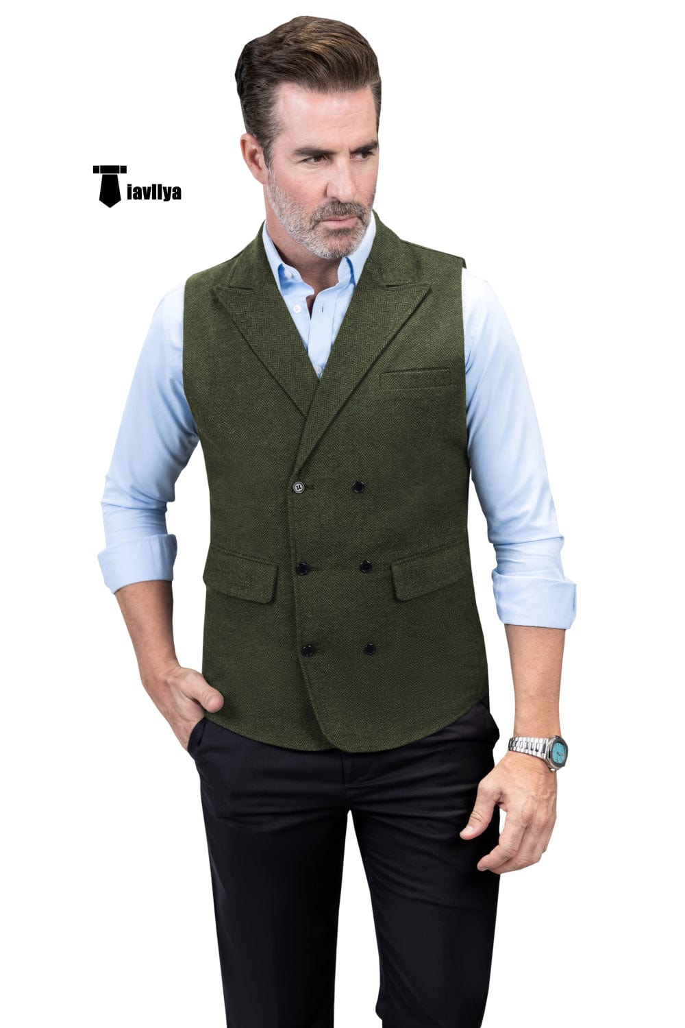 Tiavllya Tiavllya Casual Men's Classic Tweed Herringbone Peak Lapel Waistcoat