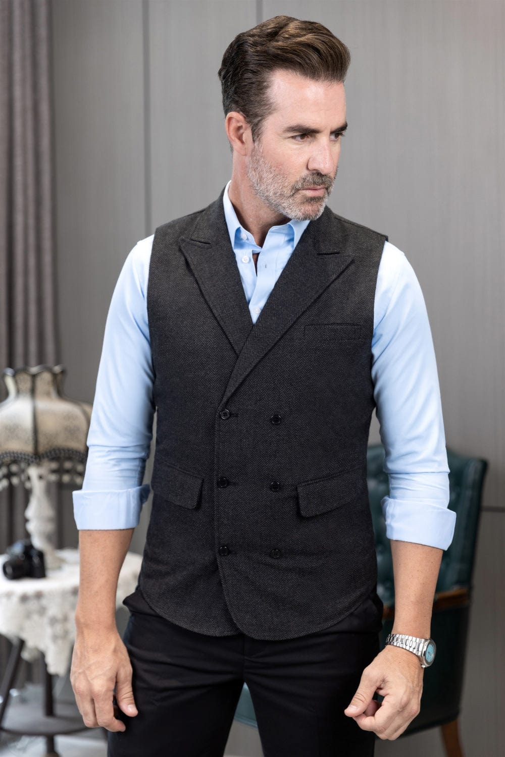 Tiavllya Tiavllya Casual Men's Classic Tweed Herringbone Peak Lapel Waistcoat