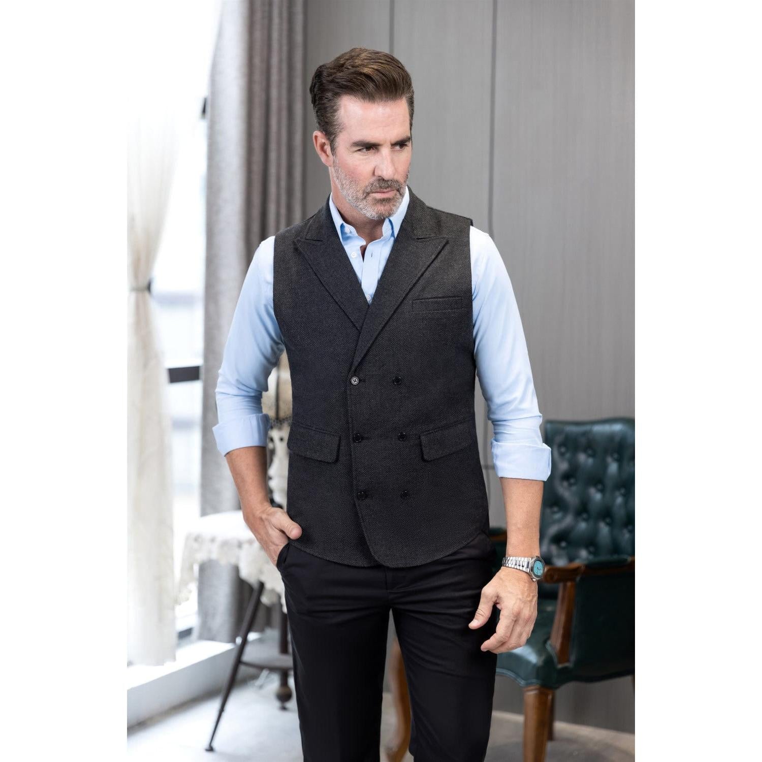 Tiavllya Casual Men's Classic Tweed Herringbone Peak Lapel Waistcoat