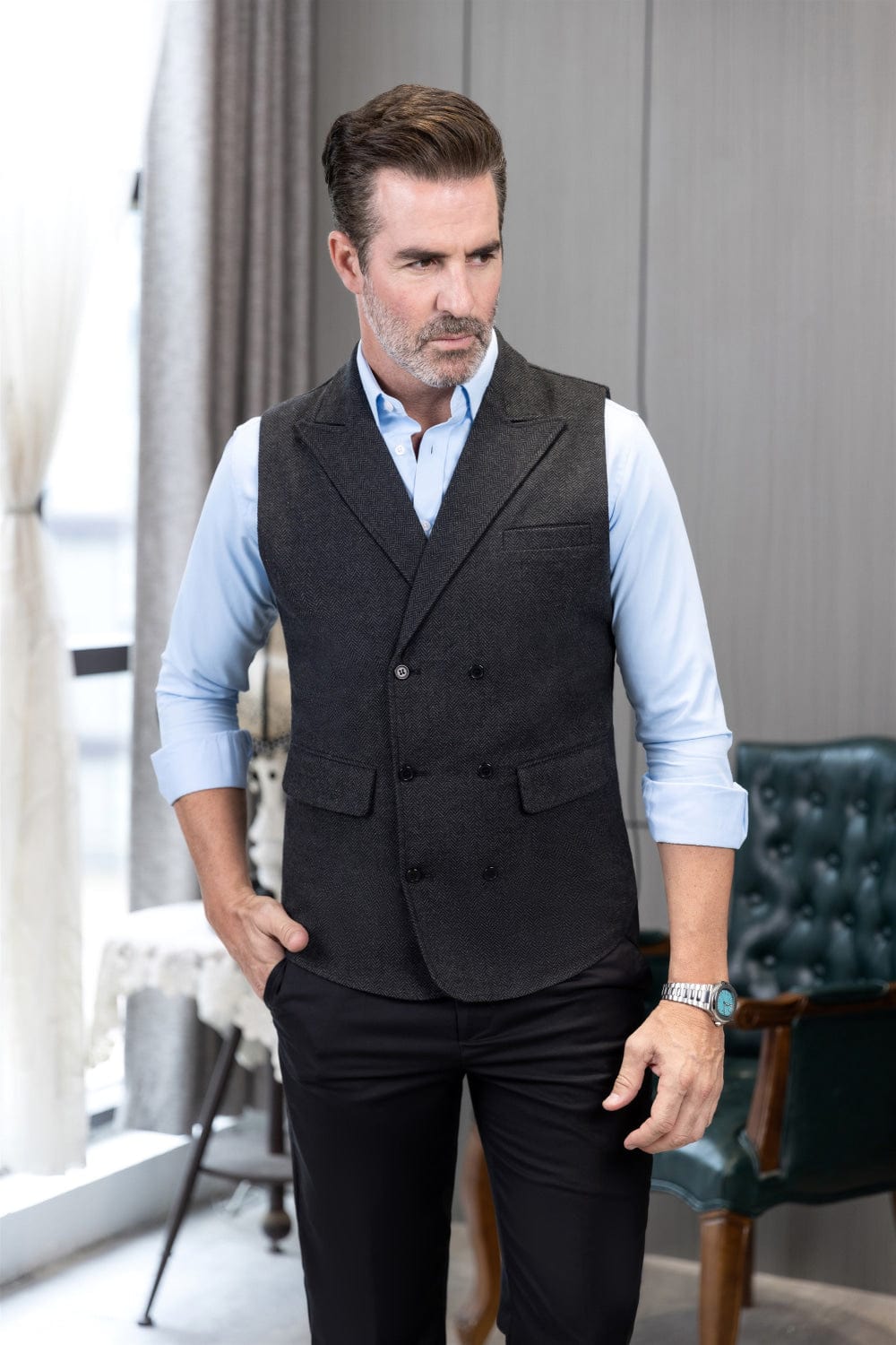 Tiavllya Tiavllya Casual Men's Classic Tweed Herringbone Peak Lapel Waistcoat