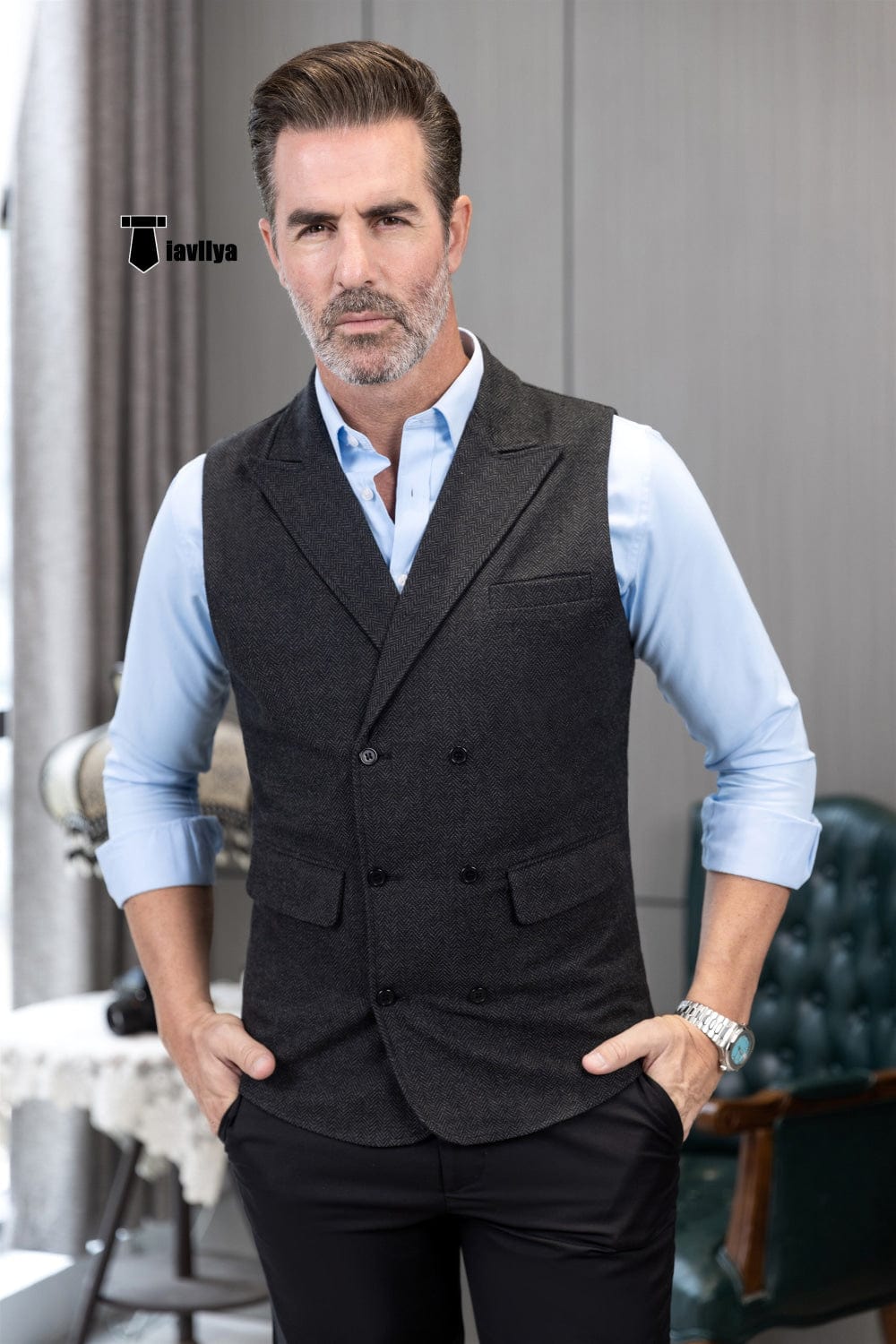 Tiavllya Tiavllya Casual Men's Classic Tweed Herringbone Peak Lapel Waistcoat