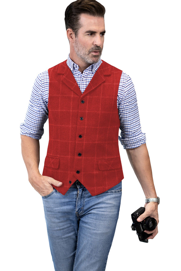 Tiavllya Tiavllya Casual Men's Classic Tweed Plaid Notch Lapel Waistcoat