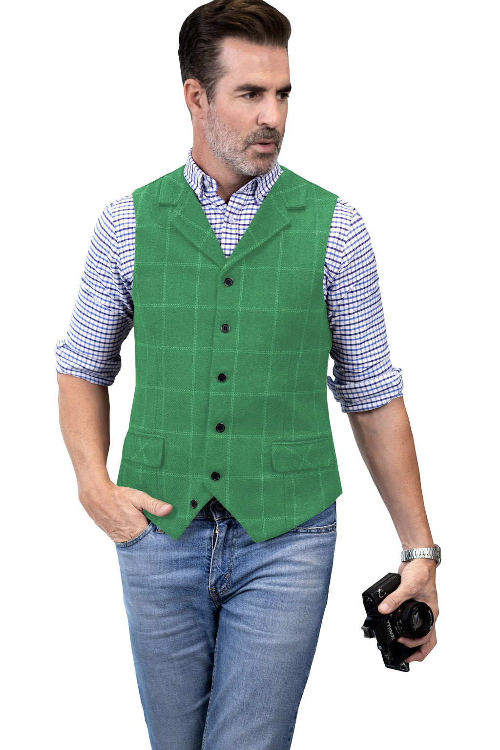 Tiavllya Tiavllya Casual Men's Classic Tweed Plaid Notch Lapel Waistcoat