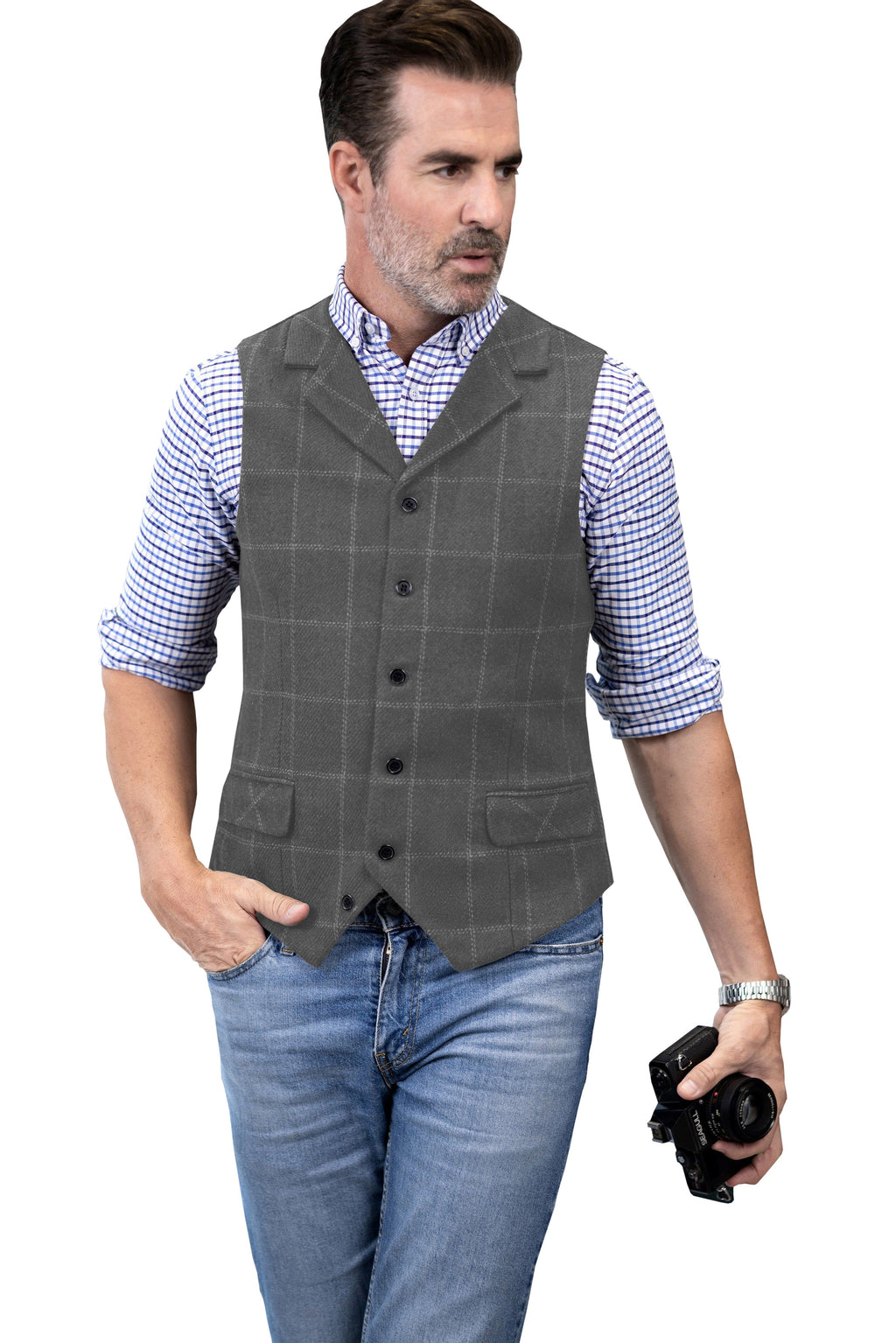 Tiavllya Tiavllya Casual Men's Classic Tweed Plaid Notch Lapel Waistcoat