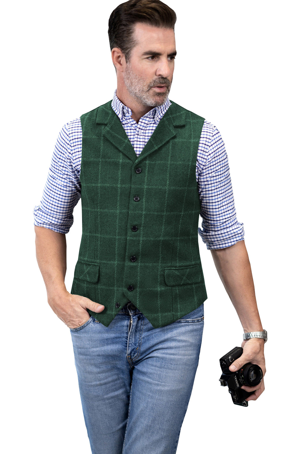 Tiavllya Tiavllya Casual Men's Classic Tweed Plaid Notch Lapel Waistcoat