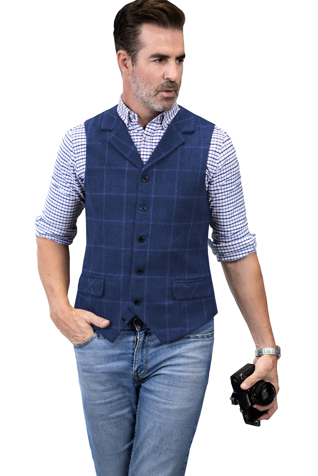 Tiavllya Tiavllya Casual Men's Classic Tweed Plaid Notch Lapel Waistcoat