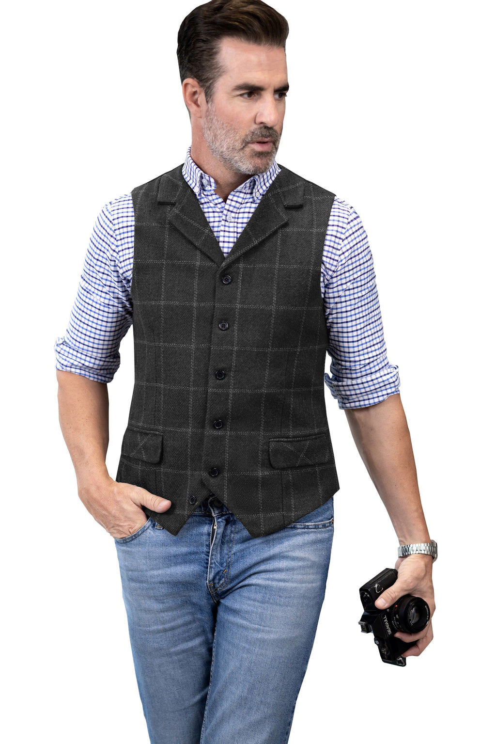 Tiavllya Tiavllya Casual Men's Classic Tweed Plaid Notch Lapel Waistcoat