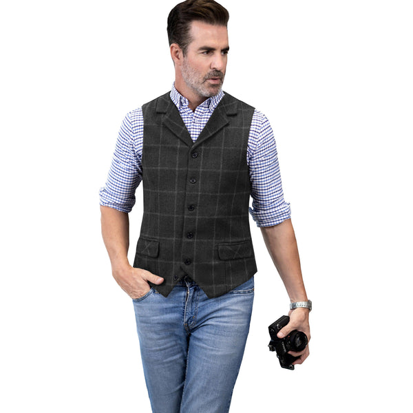 Tiavllya Tiavllya Casual Men's Classic Tweed Plaid Notch Lapel Waistcoat