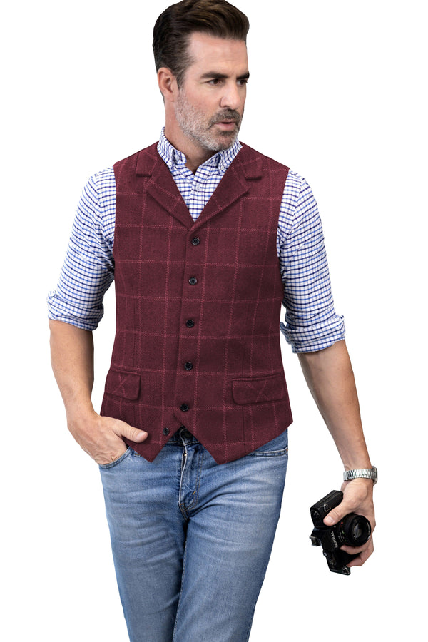 Tiavllya Tiavllya Casual Men's Classic Tweed Plaid Notch Lapel Waistcoat