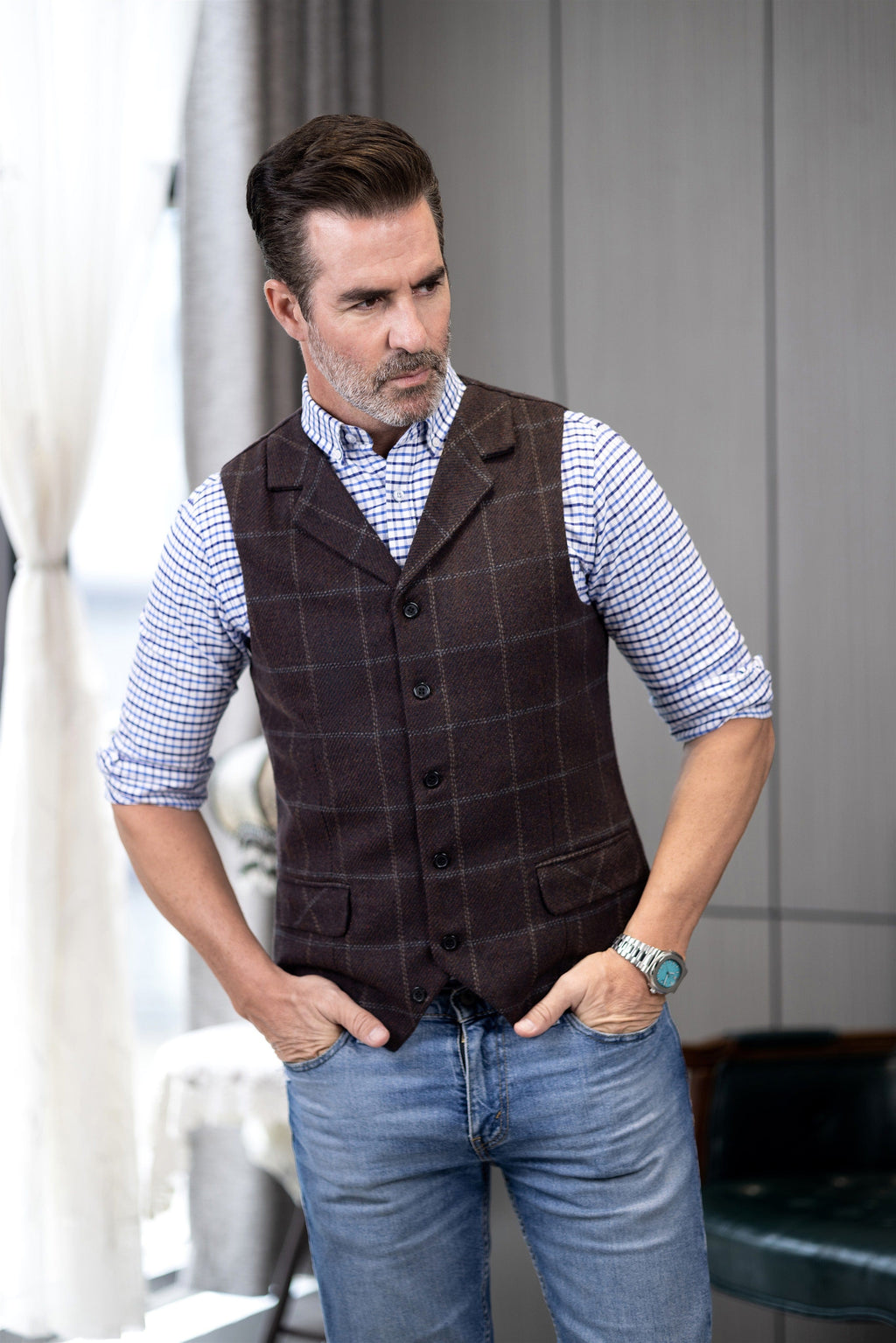 Tiavllya Tiavllya Casual Men's Classic Tweed Plaid Notch Lapel Waistcoat