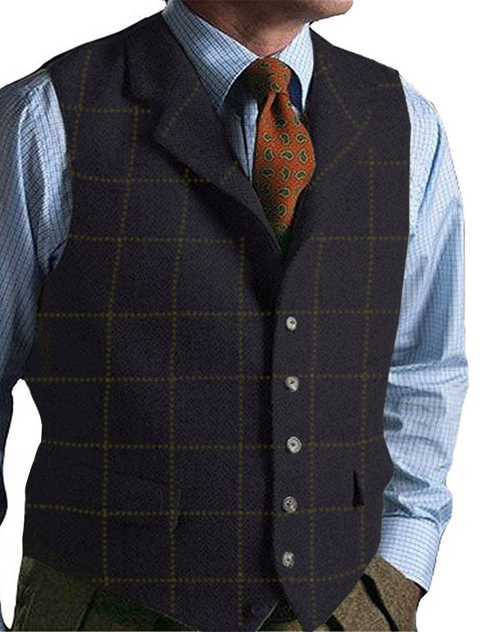 Tiavllya Tiavllya Casual Men's Classic Tweed Plaid Notch Lapel Waistcoat