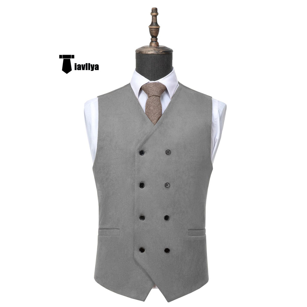 Tiavllya Tiavllya Casual Men's Fashion Double Breasted Suede V Neck Waistcoat Denim Vest