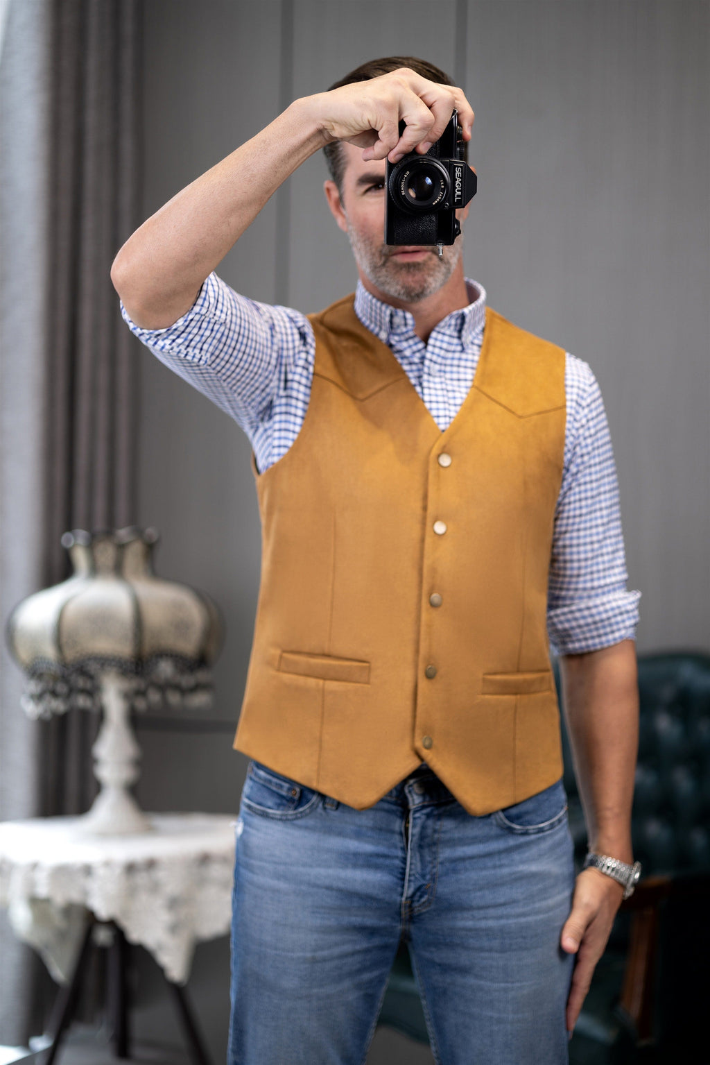 Tiavllya Tiavllya Casual Men's Fashion Suede V Neck Waistcoat Denim Vest