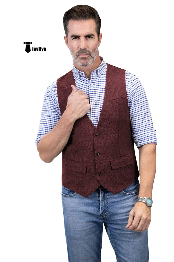 Tiavllya Tiavllya Casual Men's Herringbone V Neck Waistcoat
