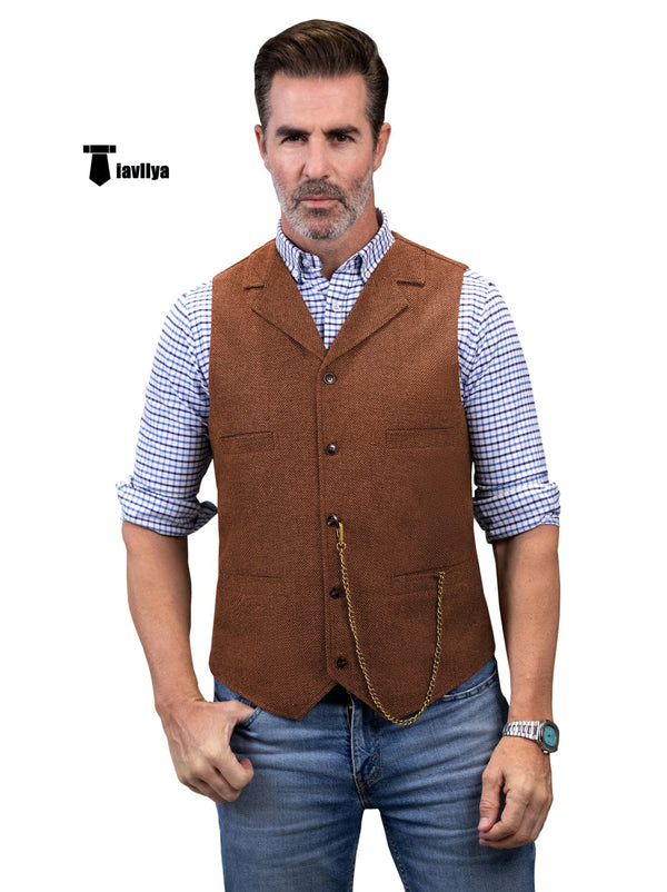 Tiavllya Tiavllya Casual Men's Tweed Herringbone Notch Lapel Waistcoat