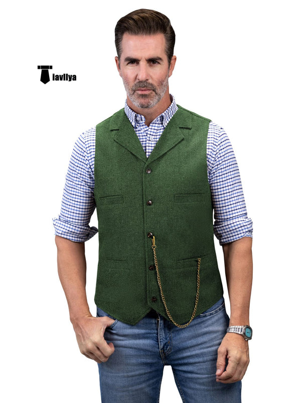 Tiavllya Tiavllya Casual Men's Tweed Herringbone Notch Lapel Waistcoat