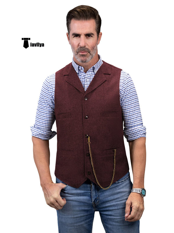 Tiavllya Tiavllya Casual Men's Tweed Herringbone Notch Lapel Waistcoat