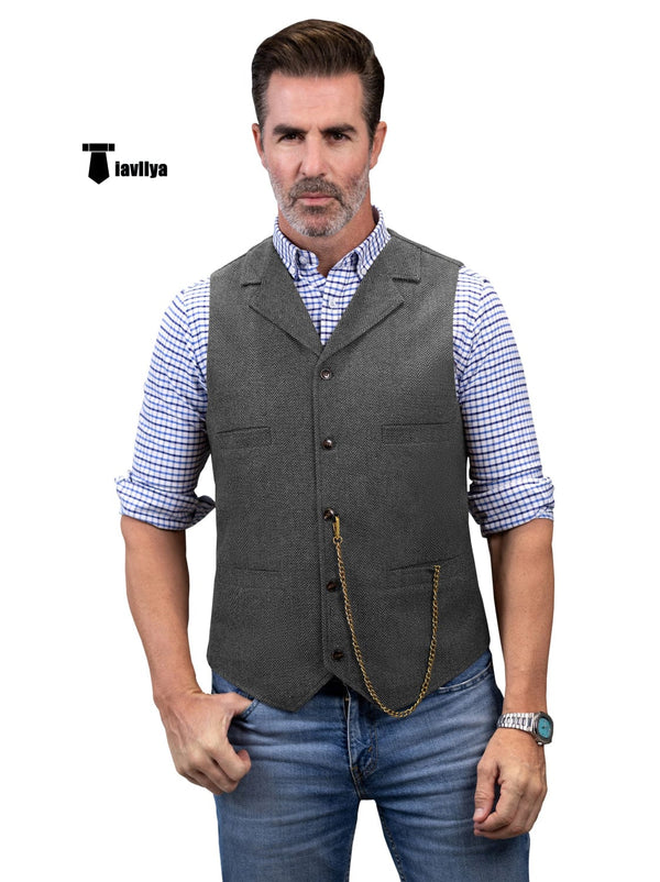Tiavllya Tiavllya Casual Men's Tweed Herringbone Notch Lapel Waistcoat