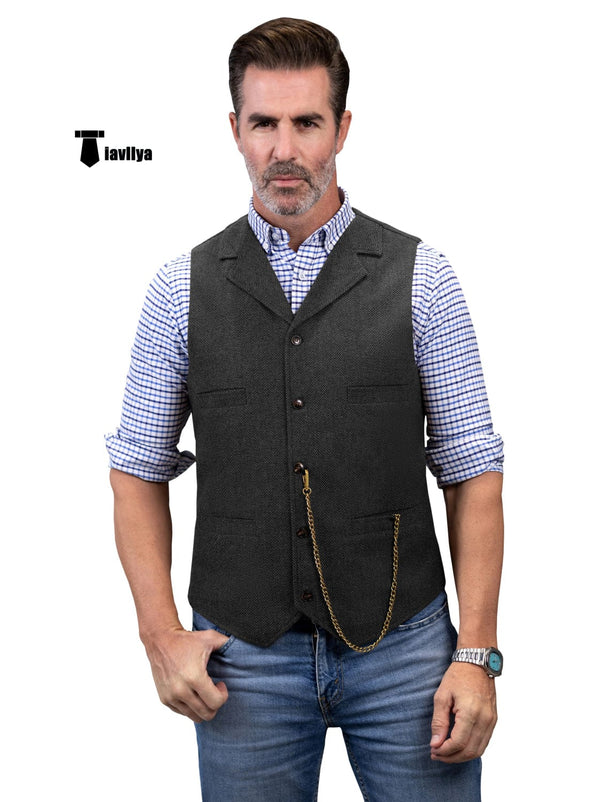 Tiavllya Tiavllya Casual Men's Tweed Herringbone Notch Lapel Waistcoat
