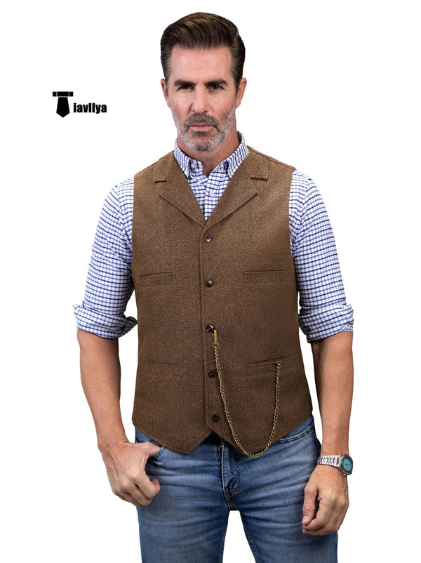 Tiavllya Tiavllya Casual Men's Tweed Herringbone Notch Lapel Waistcoat