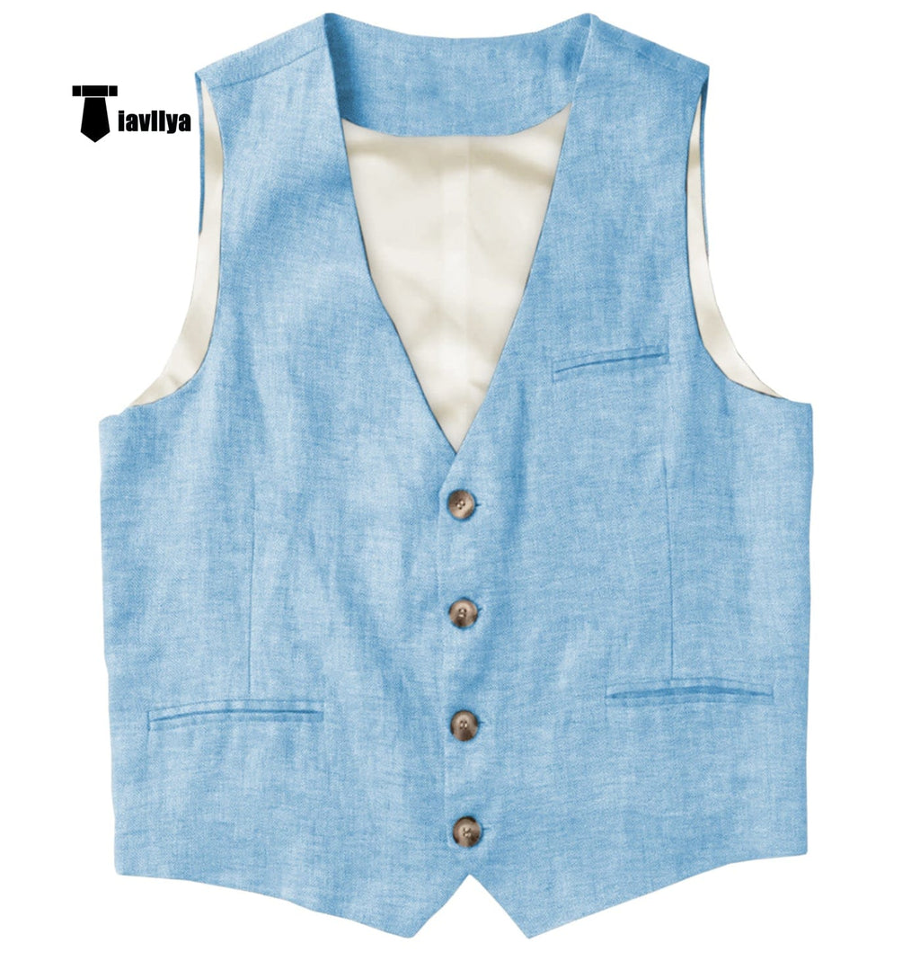 Tiavllya Tiavllya Casual Mens waistcoat Flat Linen V Neck Waistcoat For Wedding