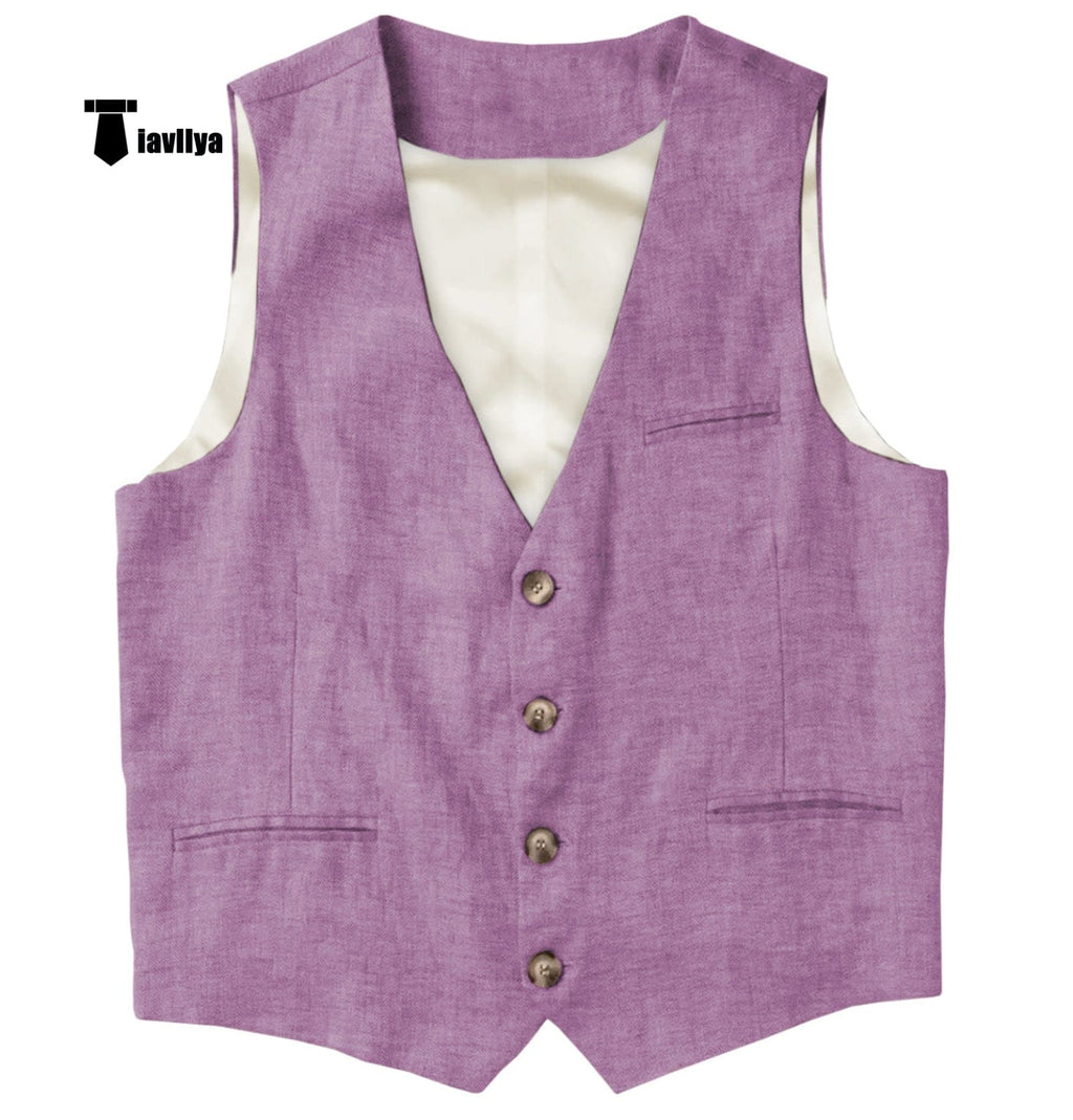 Tiavllya Tiavllya Casual Mens waistcoat Flat Linen V Neck Waistcoat For Wedding