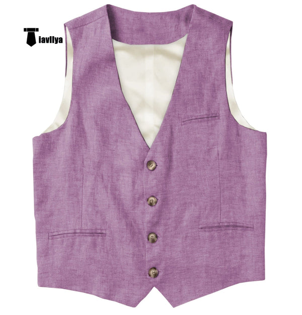 Tiavllya Tiavllya Casual Mens waistcoat Flat Linen V Neck Waistcoat For Wedding