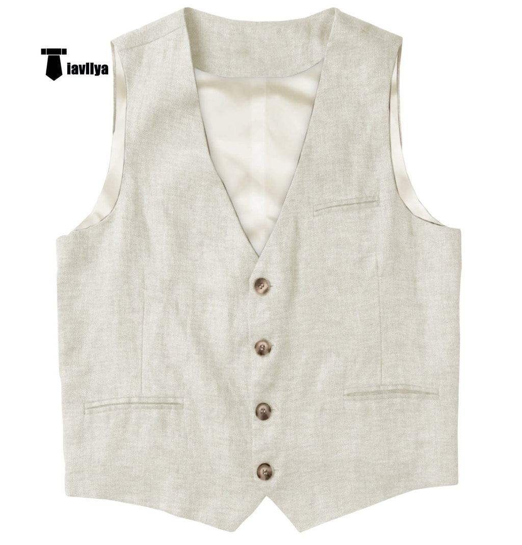 Tiavllya Tiavllya Casual Mens waistcoat Flat Linen V Neck Waistcoat For Wedding