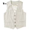 Tiavllya Tiavllya Casual Mens waistcoat Flat Linen V Neck Waistcoat For Wedding