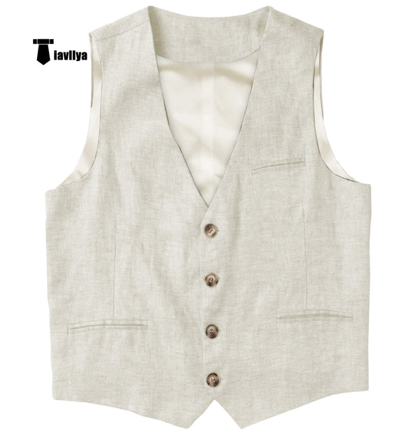 Tiavllya Tiavllya Casual Mens waistcoat Flat Linen V Neck Waistcoat For Wedding