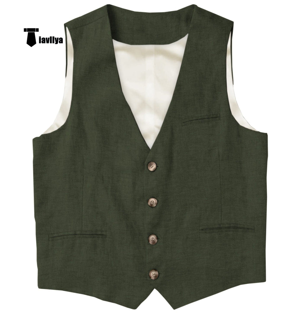 Tiavllya Tiavllya Casual Mens waistcoat Flat Linen V Neck Waistcoat For Wedding