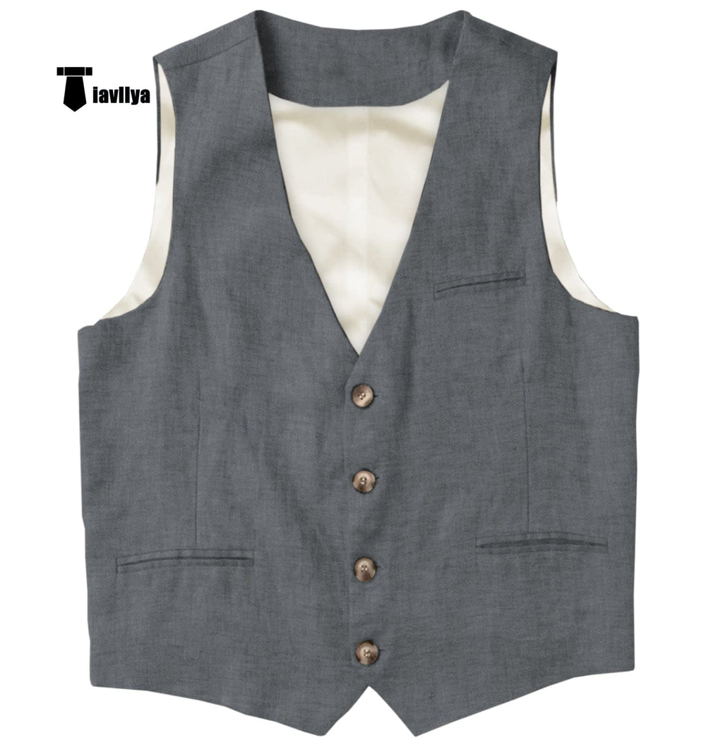 Tiavllya Tiavllya Casual Mens waistcoat Flat Linen V Neck Waistcoat For Wedding